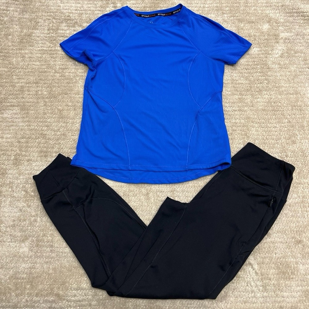 Spyder active blue athletic top and black joggers running/workout women's size S